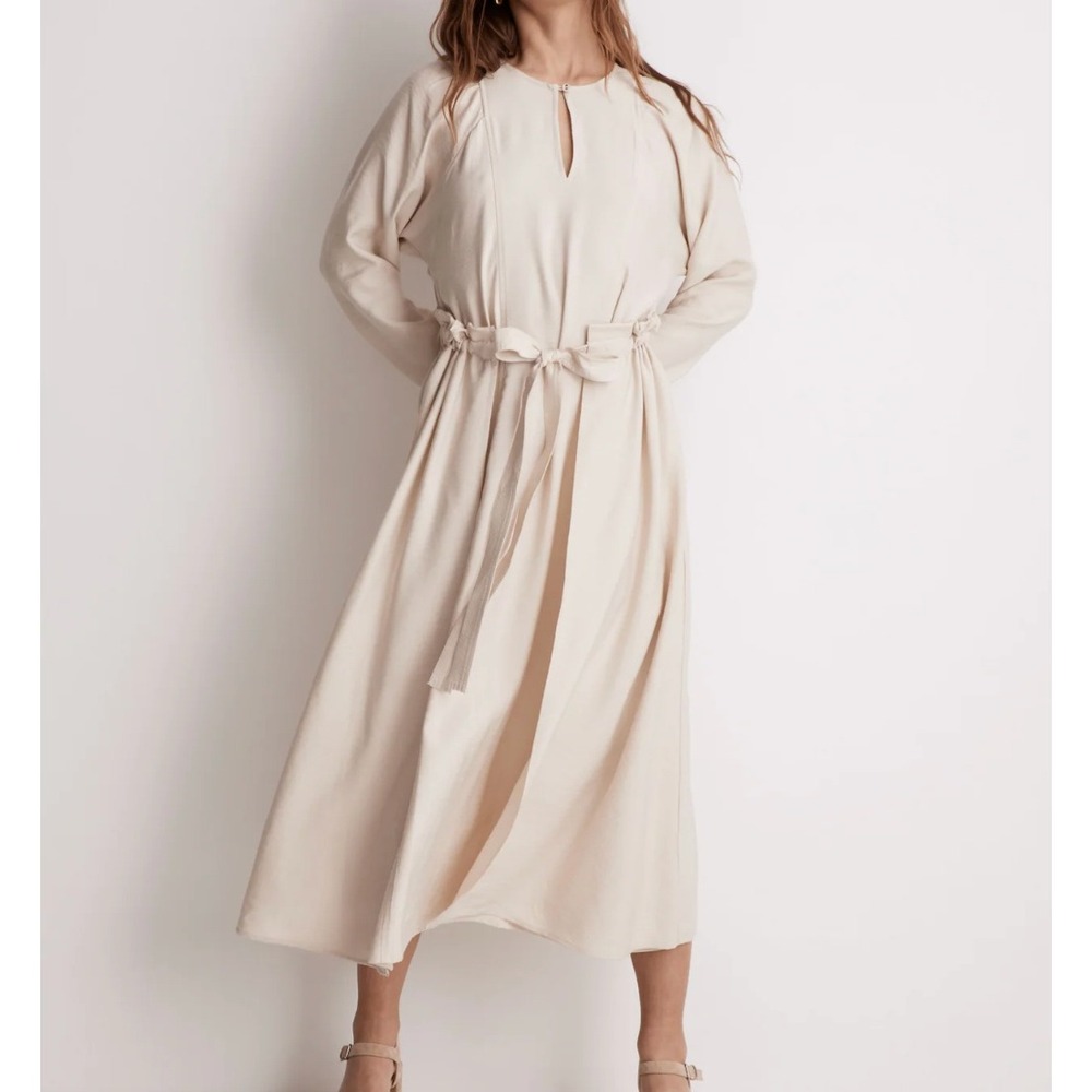 Madewell Tie-Front Paperbag Midi Dress Womens XS‎ Harvest Moon Beige Boho Flowy